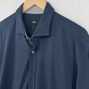 HUGO BOSS Shirt Mens XL Ridley Slim Fit Button Up Jersey Pique Cotton Blue